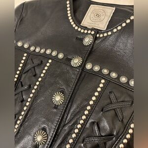 Double D Ranch Leather Jacket Conchos Studs Lace-Up Sz XS Black Vintage